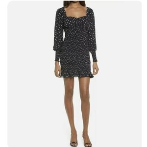 NWT Row A Womens Medium Black Polka Dot Long Sleeve Smocked Dress Cocktail W12